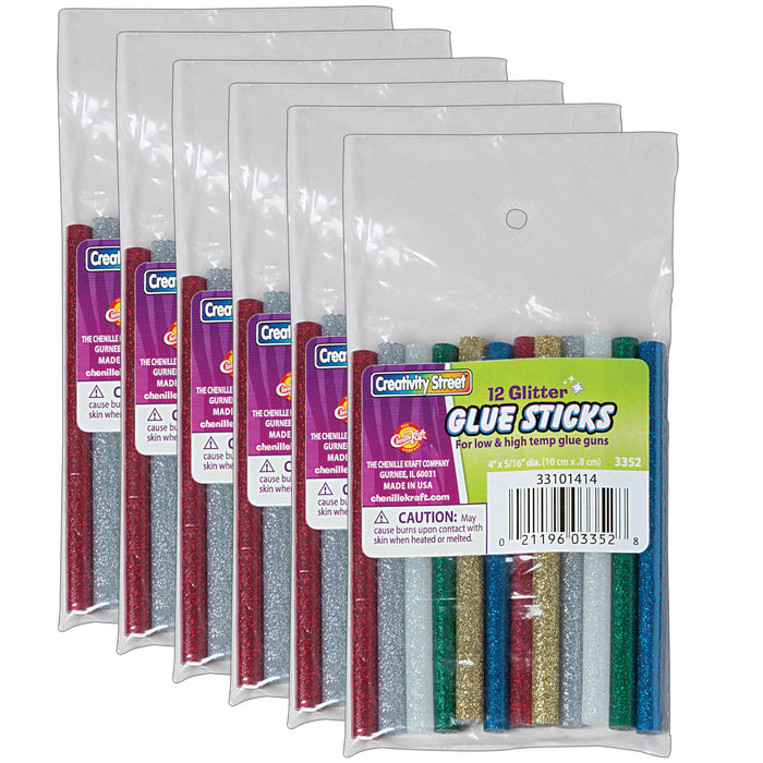 Hot Glue Sticks, 6 Assorted Glitter Colors, 4" x 0.31", 12 Per Pack, 6 Packs