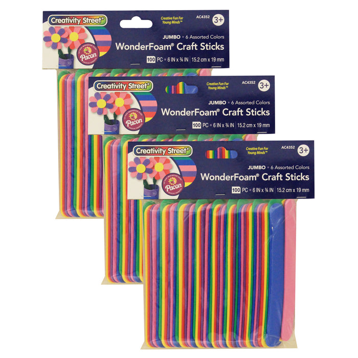 WonderFoam® Jumbo Craft Sticks, Assorted Colors, 6" x 3-4", 100 Per Pack, 3 Packs