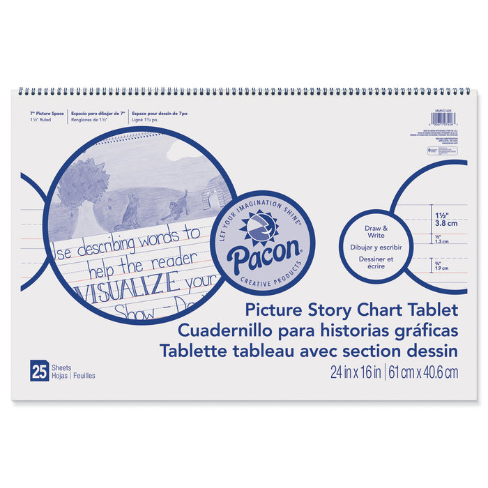 Picture Story Chart Tablet, White, Ruled Long, 1-1-2" Ruled, 24" x 16", 25 Sheets, Pack of 3