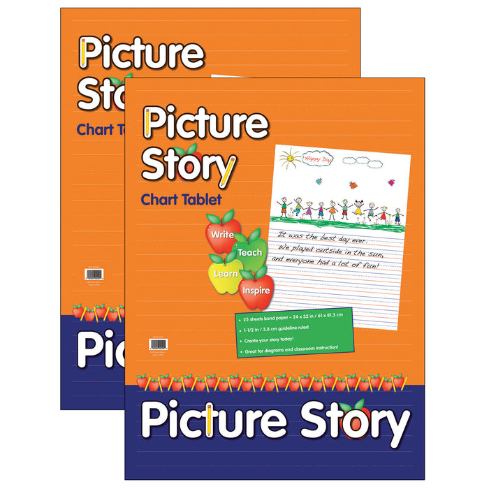 Picture Story Chart Tablet, White, Ruled Short, 1-1-2" Ruled, 24" x 32", 25 Sheets Per Pack, 2 Packs