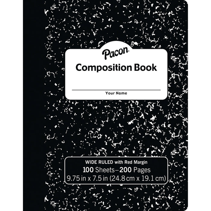 Composition Book, Black Marble, 3-8" Ruled w-Margin, 9-3-4" x 7-1-2", 100 Sheets Per Book, Pack of 6