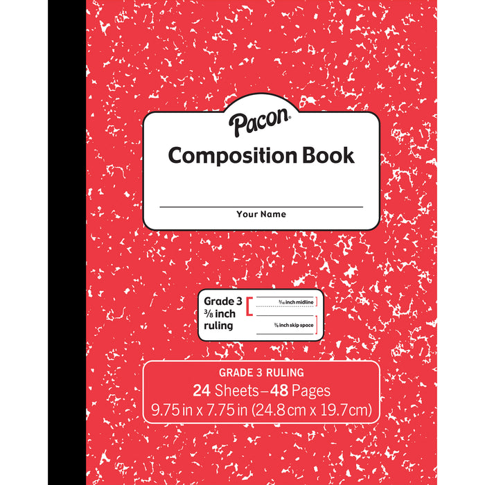 Composition Book, Grade 3, Red Marble, 3-8" x 3-16" x 3-16" Ruled, 9-3-4" x 7-3-4", 24 Sheets, Pack of 24