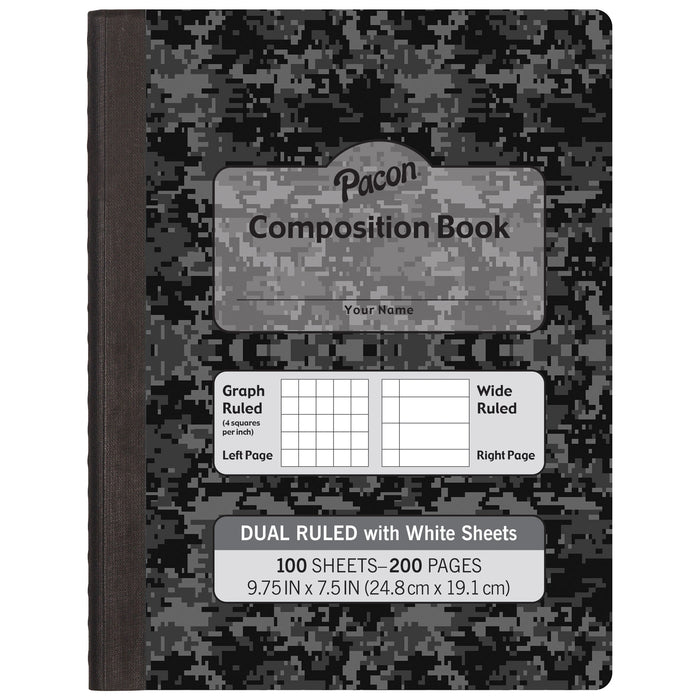 Dual Ruled Composition Book, Dark Gray Marble, 1-4" Grid & 3-8" Wide Ruled, 9-3-4" x 7-1-2", 100 Sheets, Pack of 6