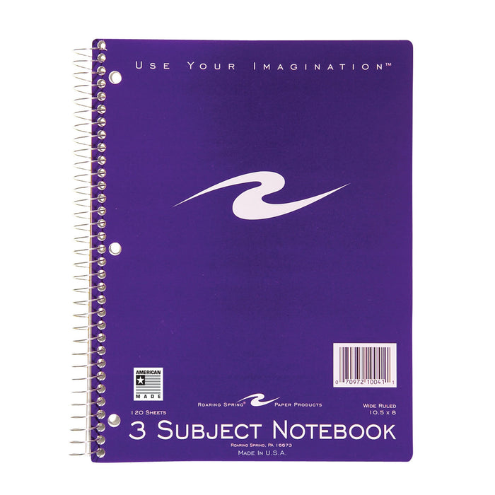 Spiral Notebook, 3-Subject, 120 Pages, Pack of 6