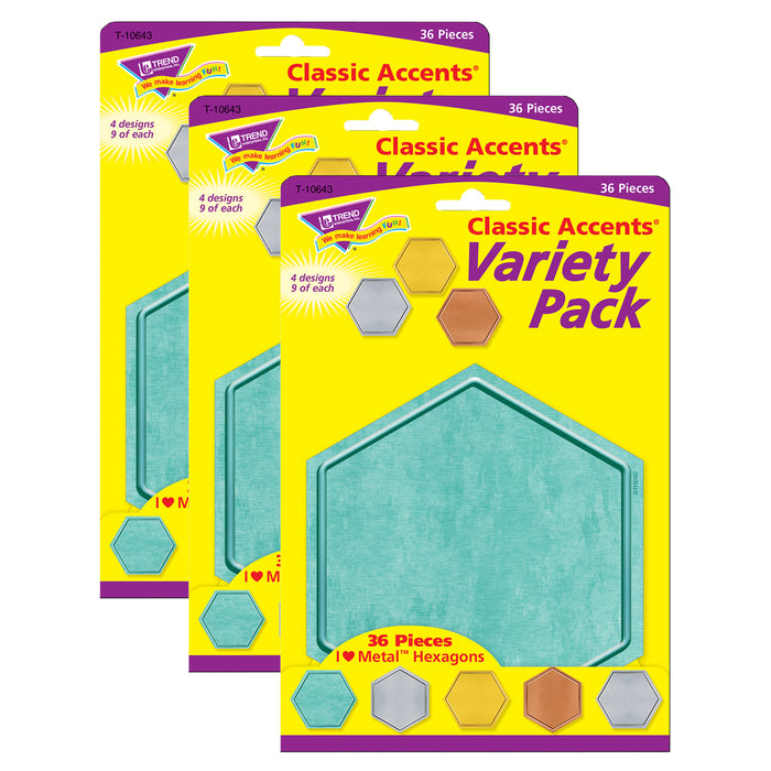 I ♥ Metal™ Hexagons Classic Accents® Variety Pack, 36 Per Pack, 3 Packs