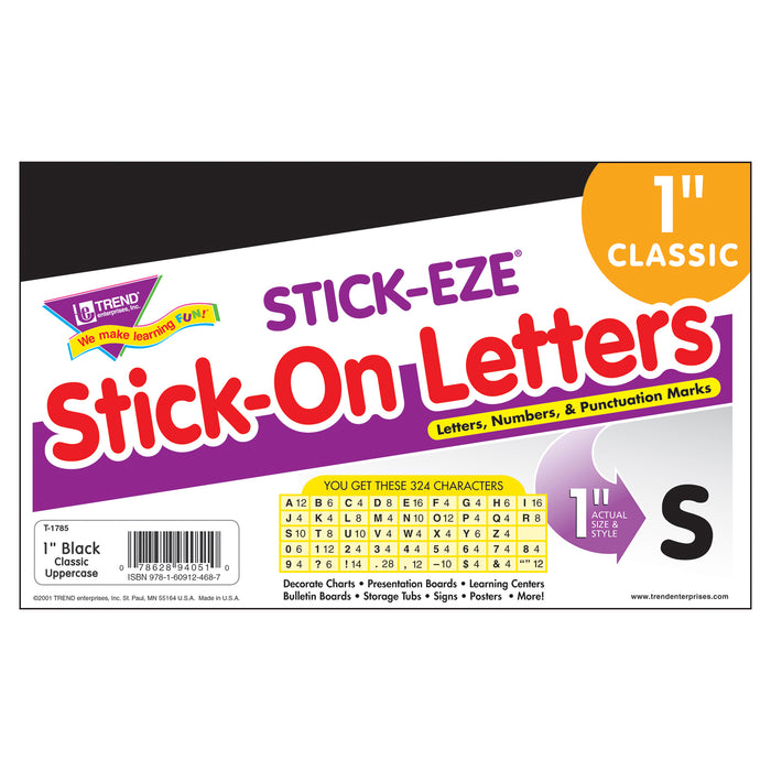 Black 1" STICK-EZE® Stick-On Letters, 324 Pieces Per Pack, 6 Packs