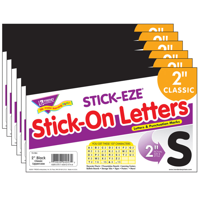Black 2" STICK-EZE® Stick-On Letters, 107 Pieces Per Pack, 6 Packs