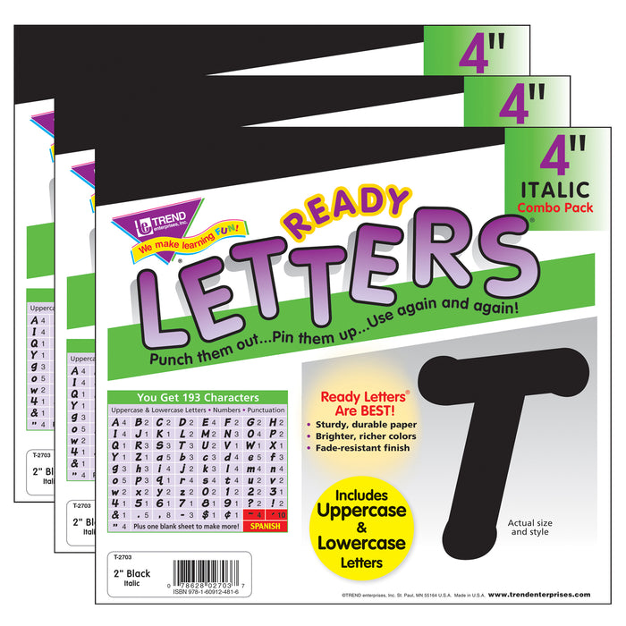 Black 4-Inch Italic Uppercase-Lowercase Combo Pack (EN-SP) Ready Letters®, 193 Per Pack, 3 Packs