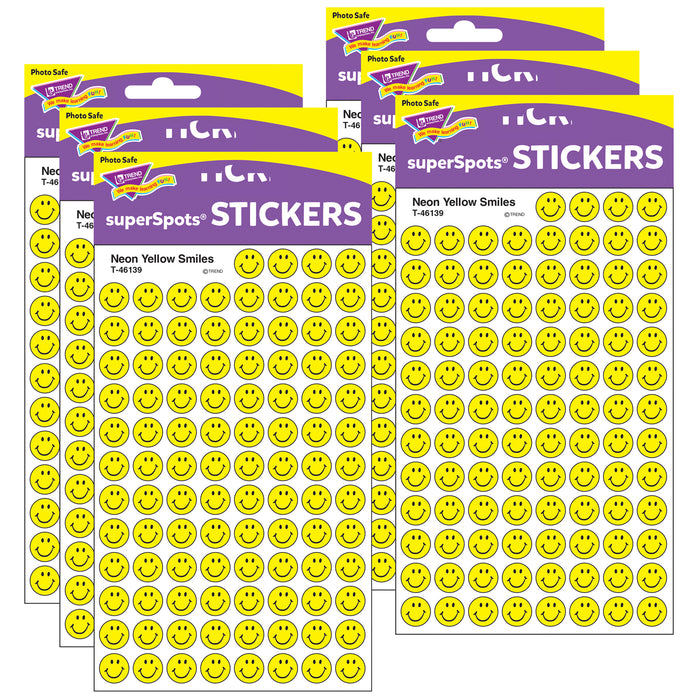Neon Yellow Smiles superSpots® Stickers, 800 Per Pack, 6 Packs