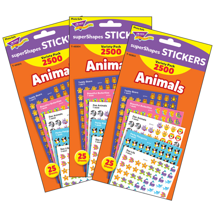 Animals superShapes Stickers Variety Pack, 2500 Per Pack, 3 Packs
