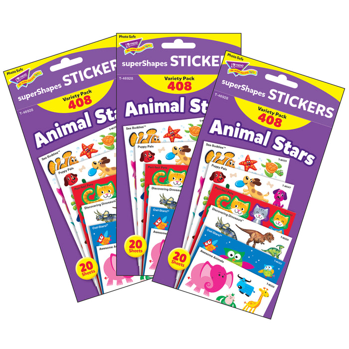Animal Stars superShapes Stickers-Large Variety Pack, 408 Per Pack, 3 Packs