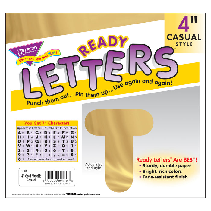 Gold Metallic 4" Casual Uppercase Ready Letters®, 71 Per Pack, 3 Packs