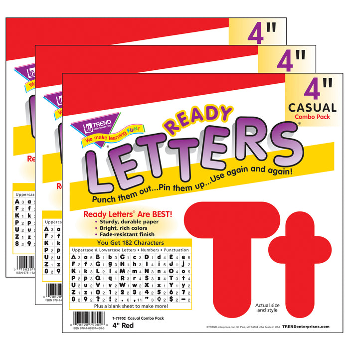 Red 4-Inch Casual Uppercase-Lowercase Combo Pack Ready Letters®, 182 Per Pack, 3 Packs