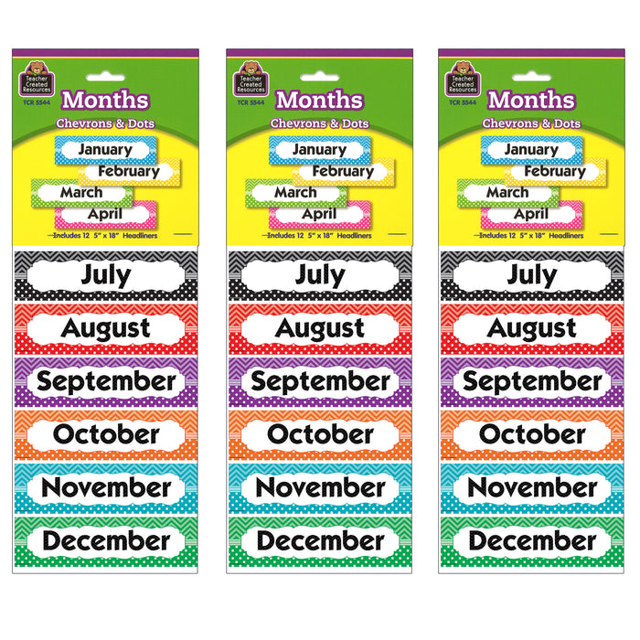 Chevrons and Dots Monthly Headliners, 12 Pieces Per Pack, 3 Packs