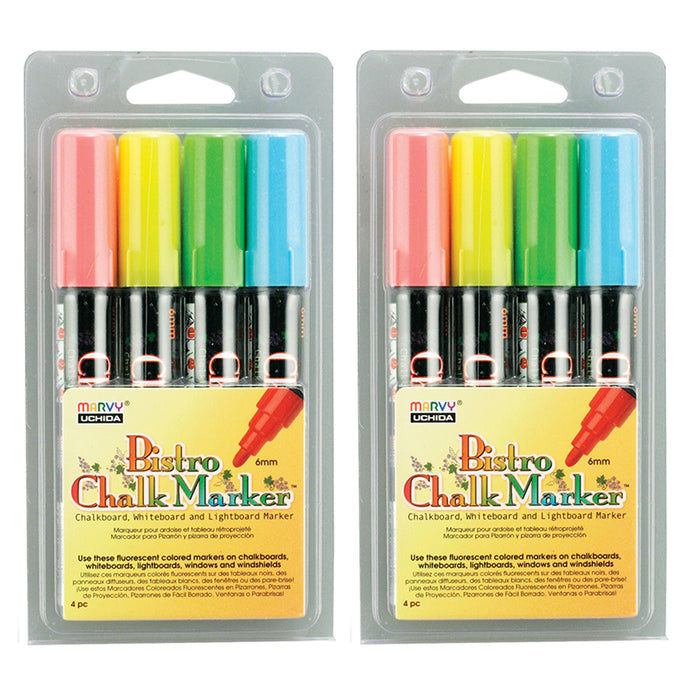 Chalk Marker Set, Broad Point, Assorted Fluorescent Colors, 4 Per Set, 2 Sets