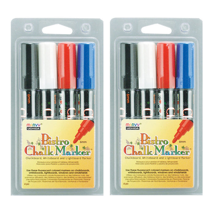Broad Point Chalk Marker Broad Tip Set 4C, Basic Colors, 4 Per Pack, 2 Packs